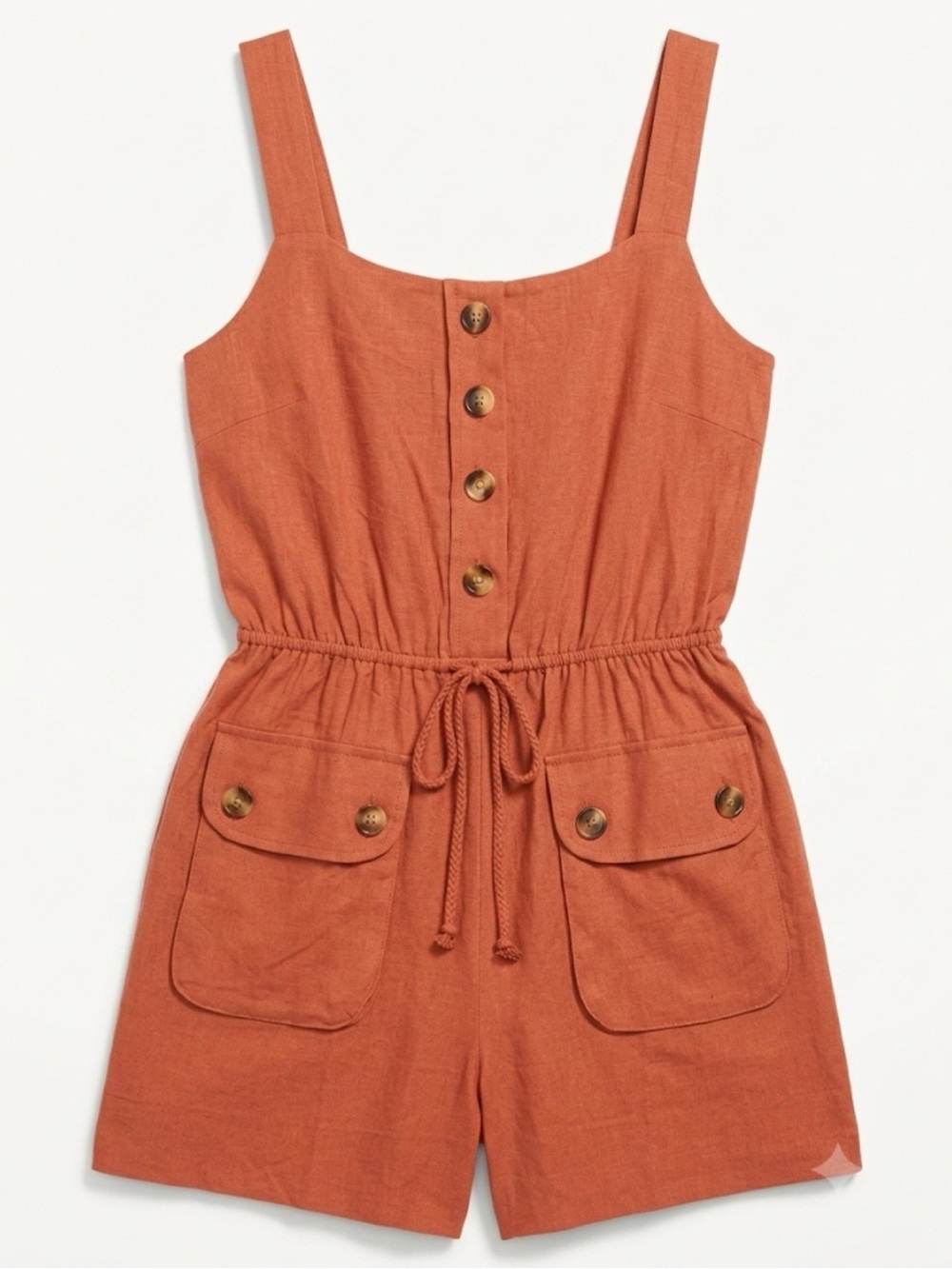 Rust Button-Front Linen-Blend Romper with Pockets women